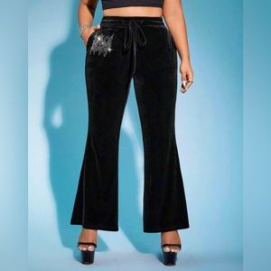 RHINESTONE DETAIL VELVET DRAWSTRING FLARE LEG PANTS PLUS SIZE